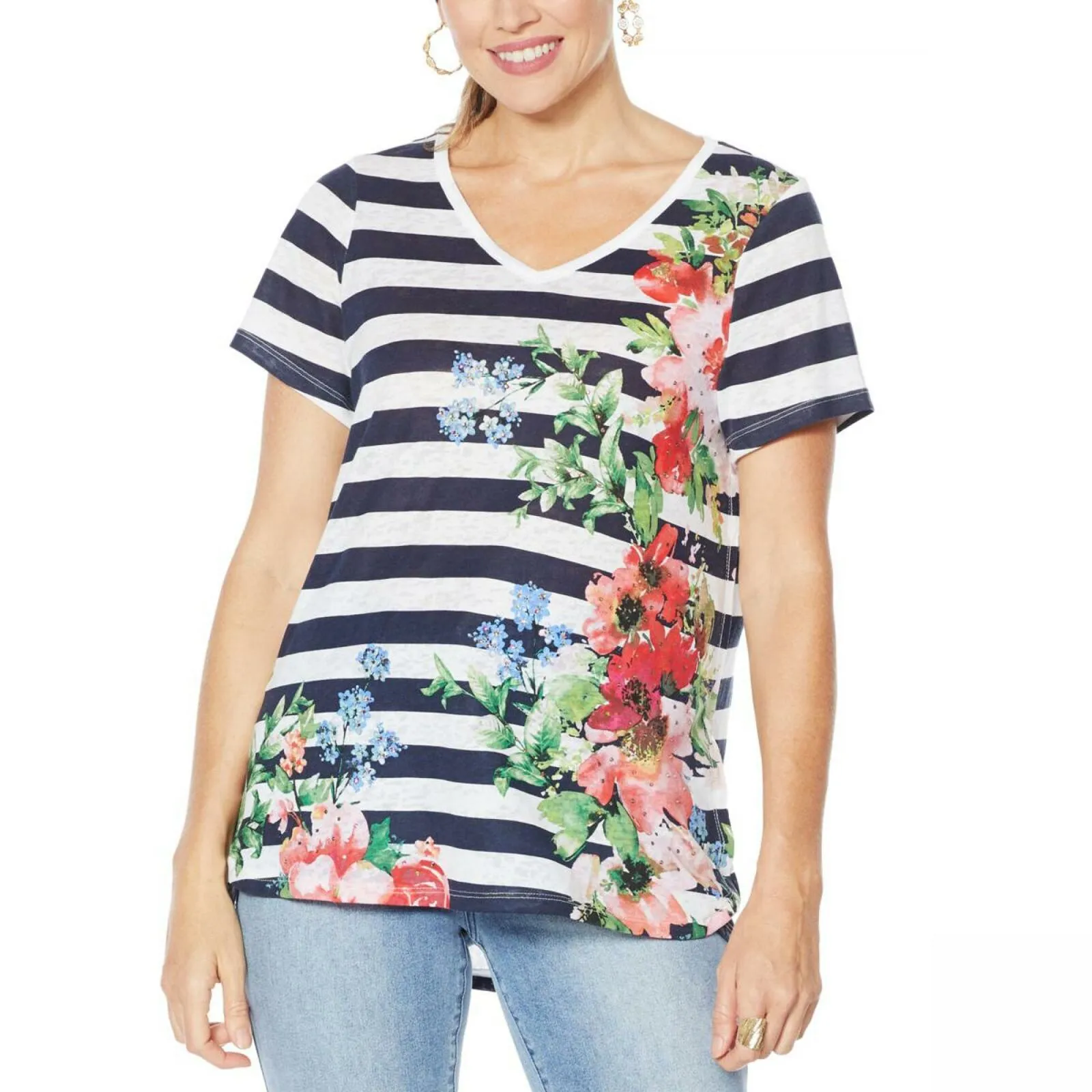 DG2 by Diane Gilman Women's Plus Burnout Embellished Top Navy Stripe 1X