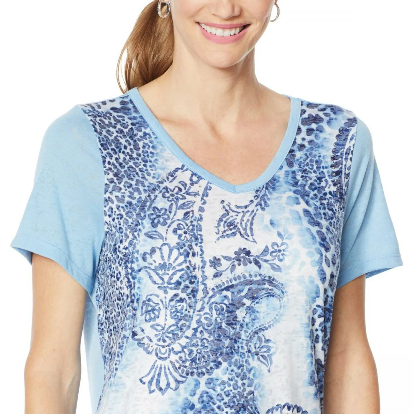 DG2 by Diane Gilman Women's Plus Burnout Printed And Embellished Top Chambray 2X