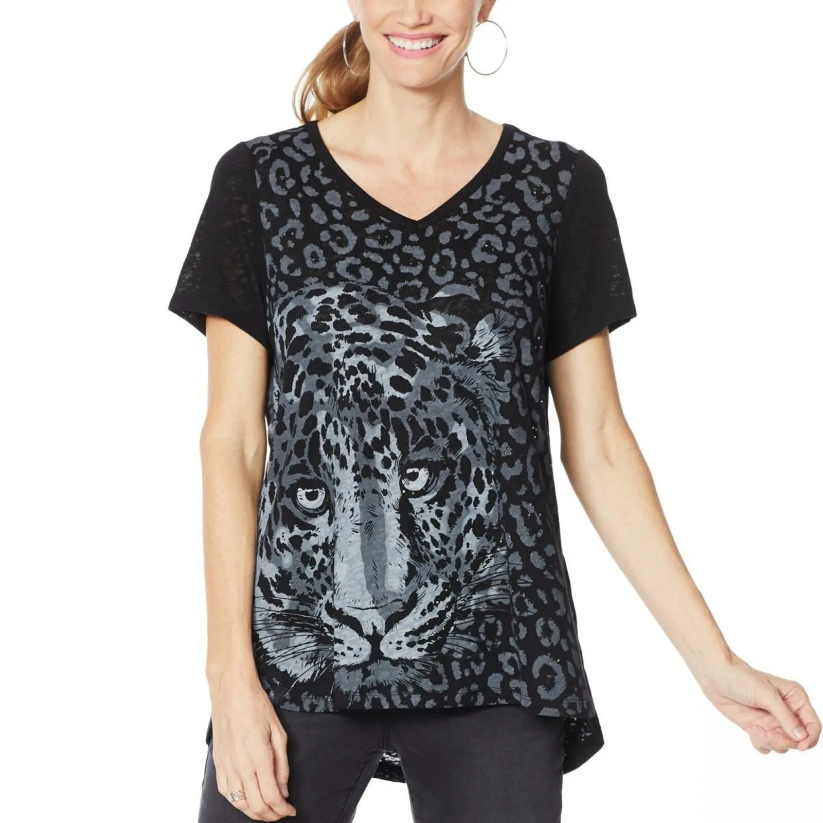 DG2 by Diane Gilman Women's Plus Size Burnout Printed And Embellished Top