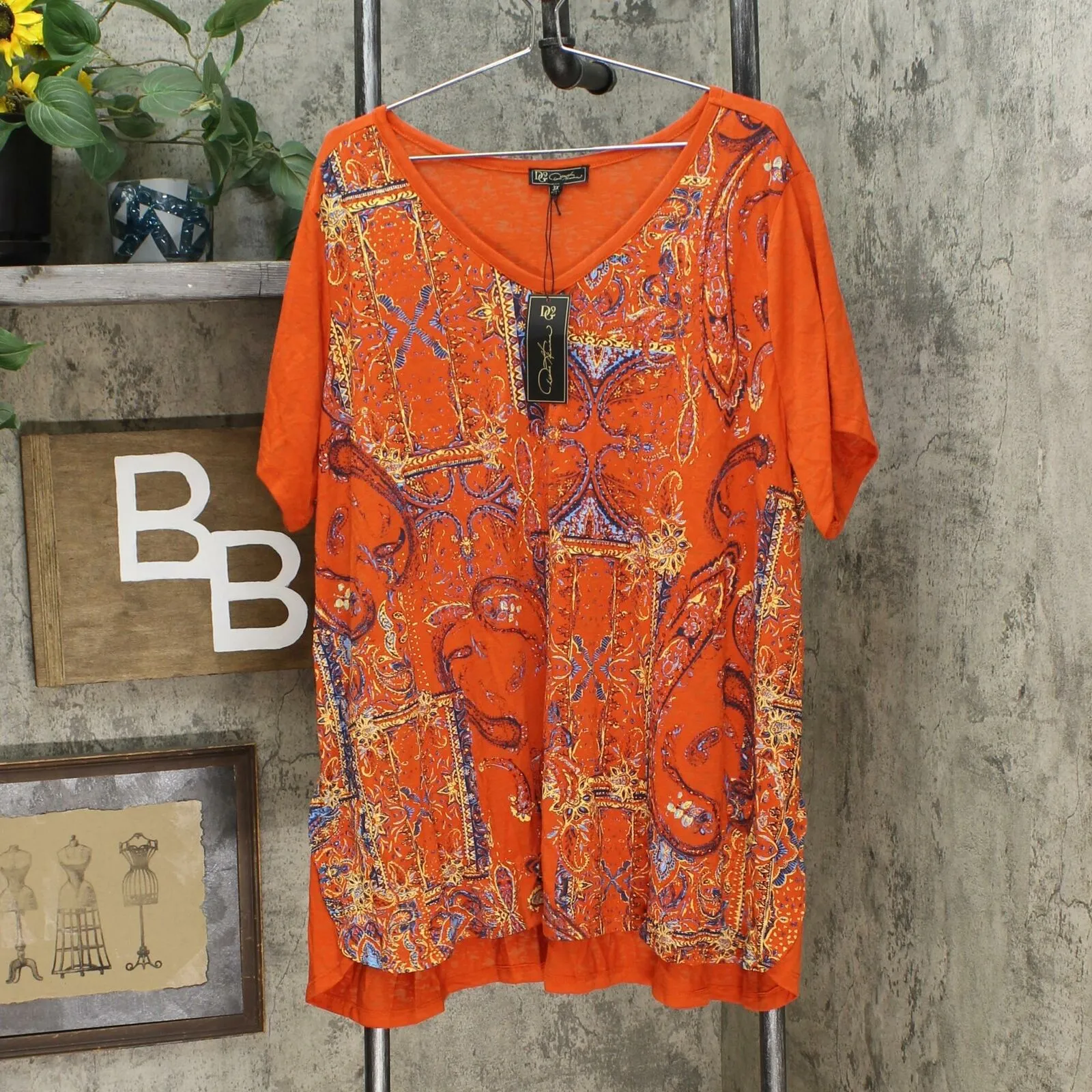 DG2 by Diane Gilman Women's Plus Size Burnout Printed And Embellished Top