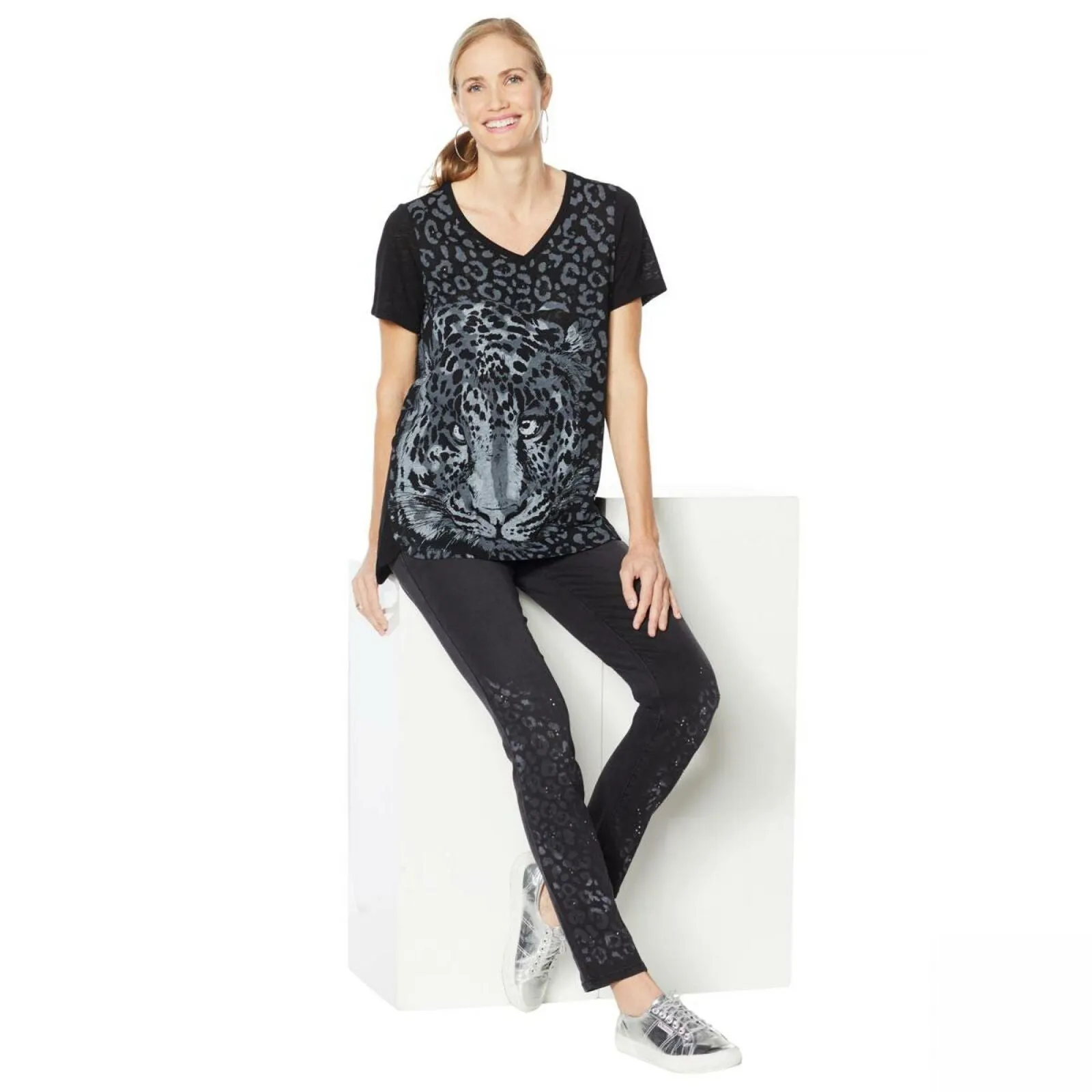 DG2 by Diane Gilman Women's Plus Size Burnout Printed And Embellished Top
