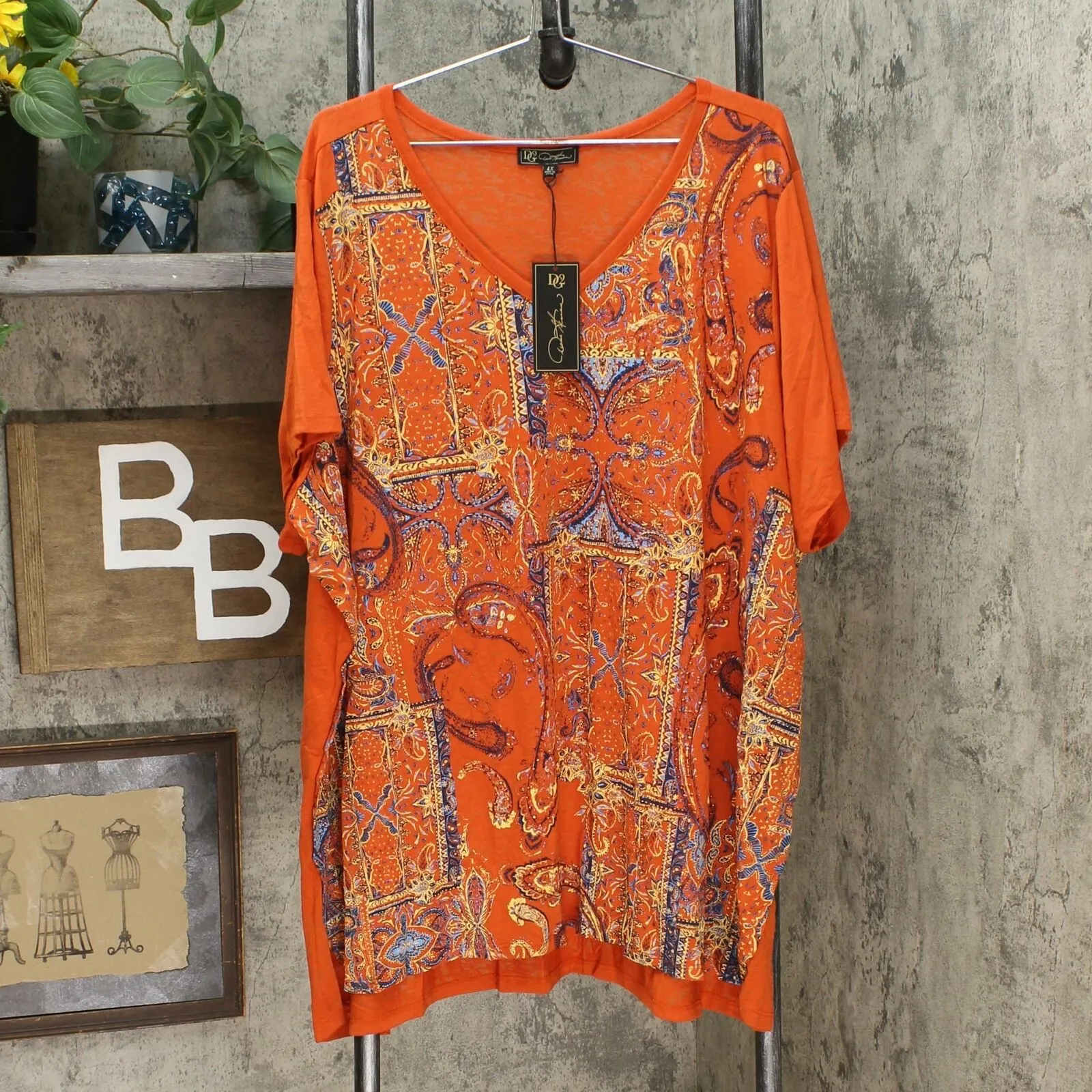 DG2 by Diane Gilman Women's Plus Size Burnout Printed And Embellished Top