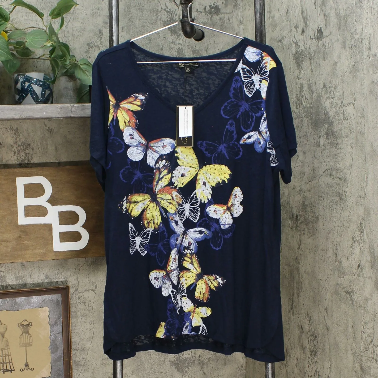 DG2 by Diane Gilman Women's Plus Size Burnout Printed And Embellished Top