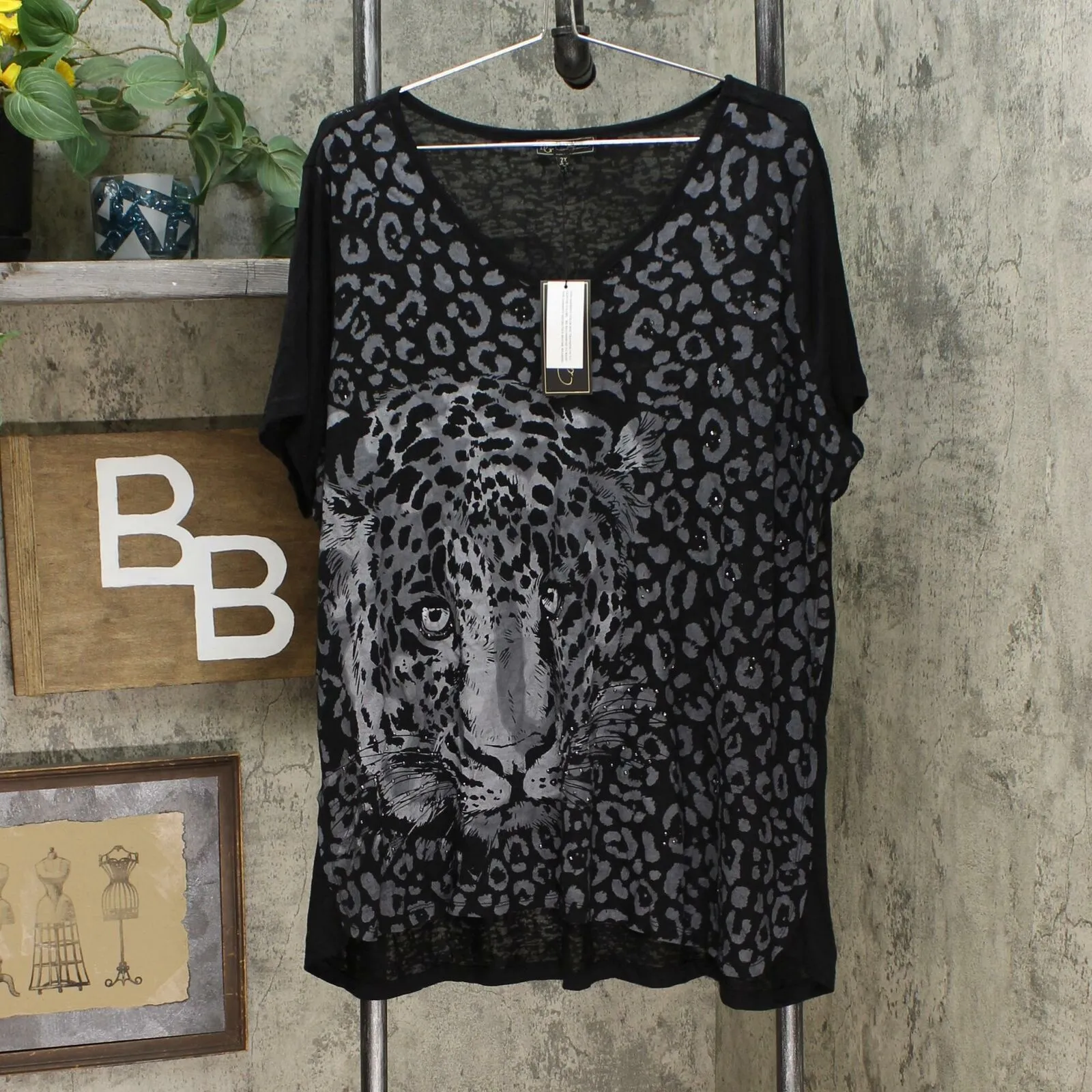 DG2 by Diane Gilman Women's Plus Size Burnout Printed And Embellished Top