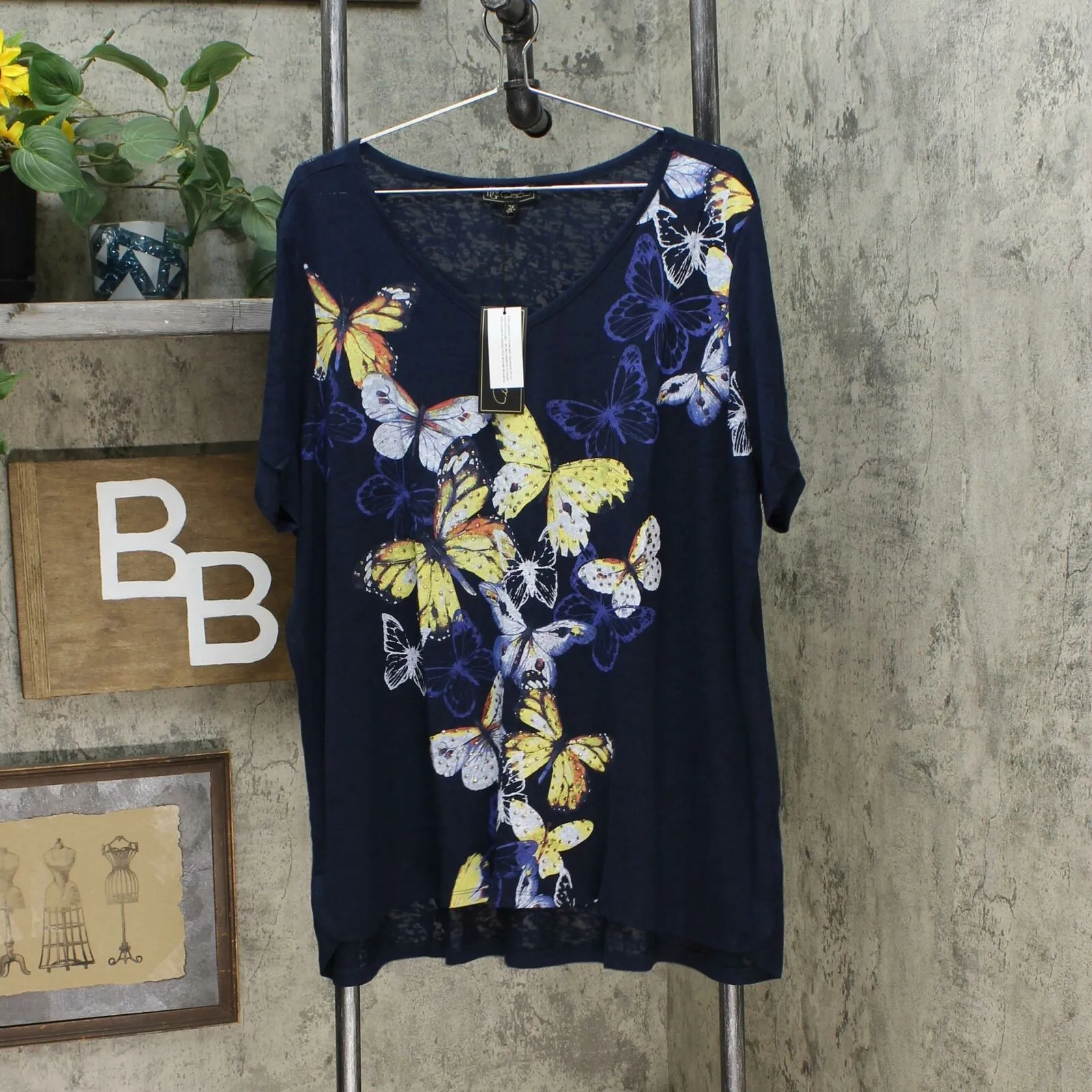 DG2 by Diane Gilman Women's Plus Size Burnout Printed And Embellished Top