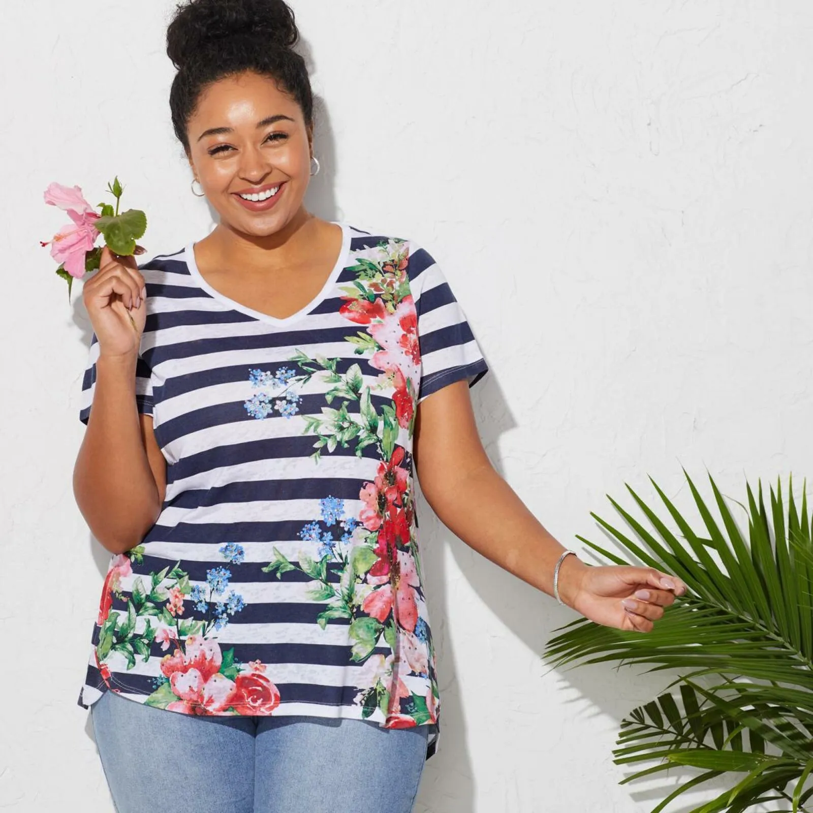 DG2 by Diane Gilman Women's Plus Size Burnout Printed And Embellished Top
