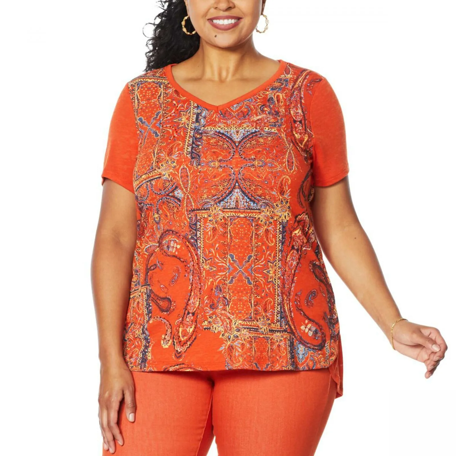 DG2 by Diane Gilman Women's Plus Size Burnout Printed And Embellished Top