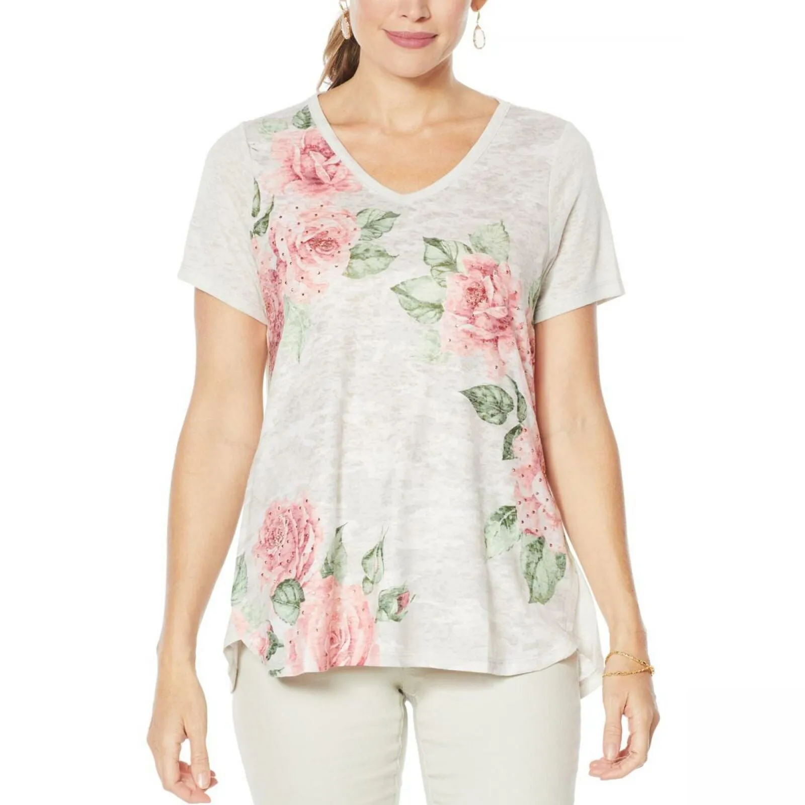 DG2 by Diane Gilman Women's Plus Size Burnout Printed And Embellished Top