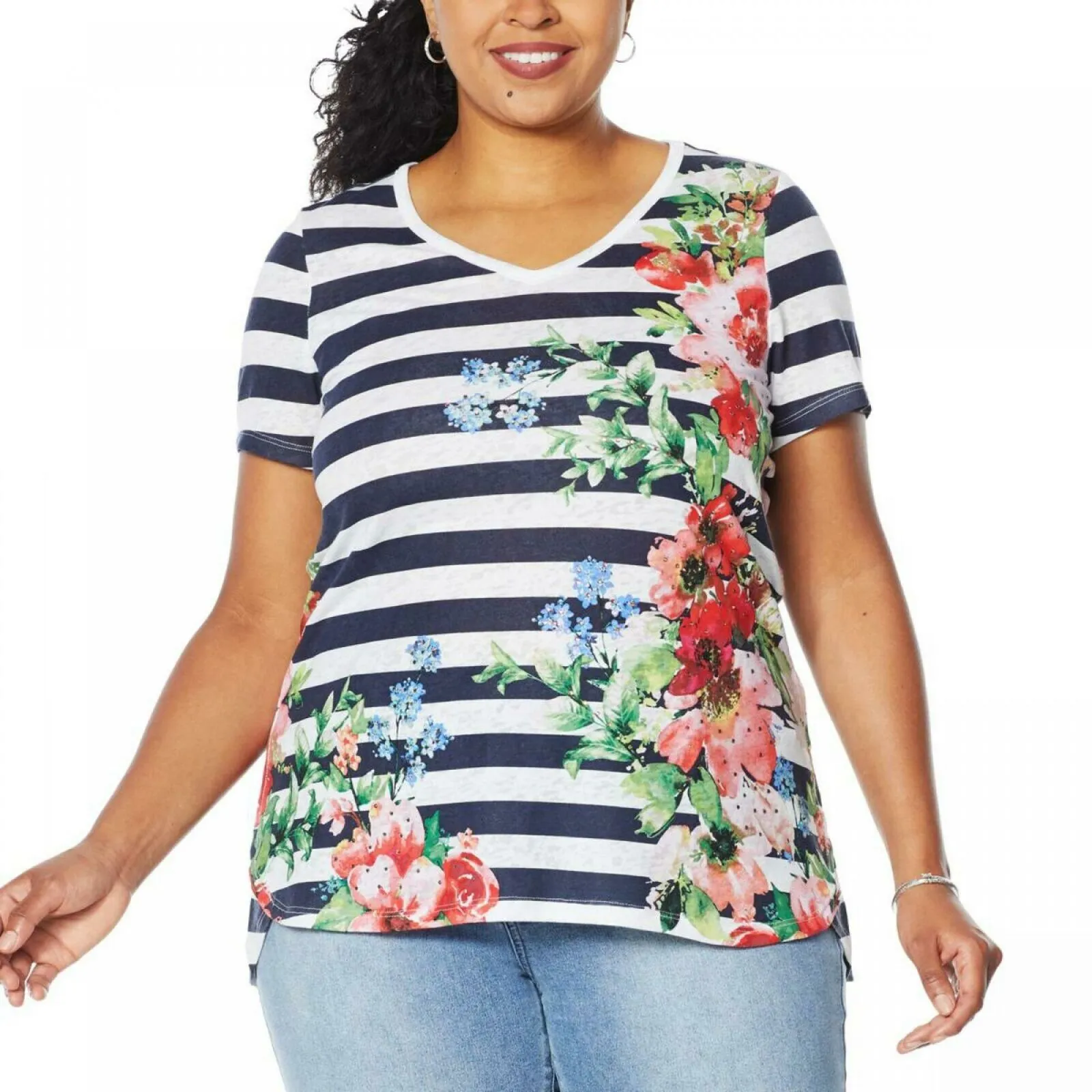 DG2 by Diane Gilman Women's Plus Size Burnout Printed And Embellished Top
