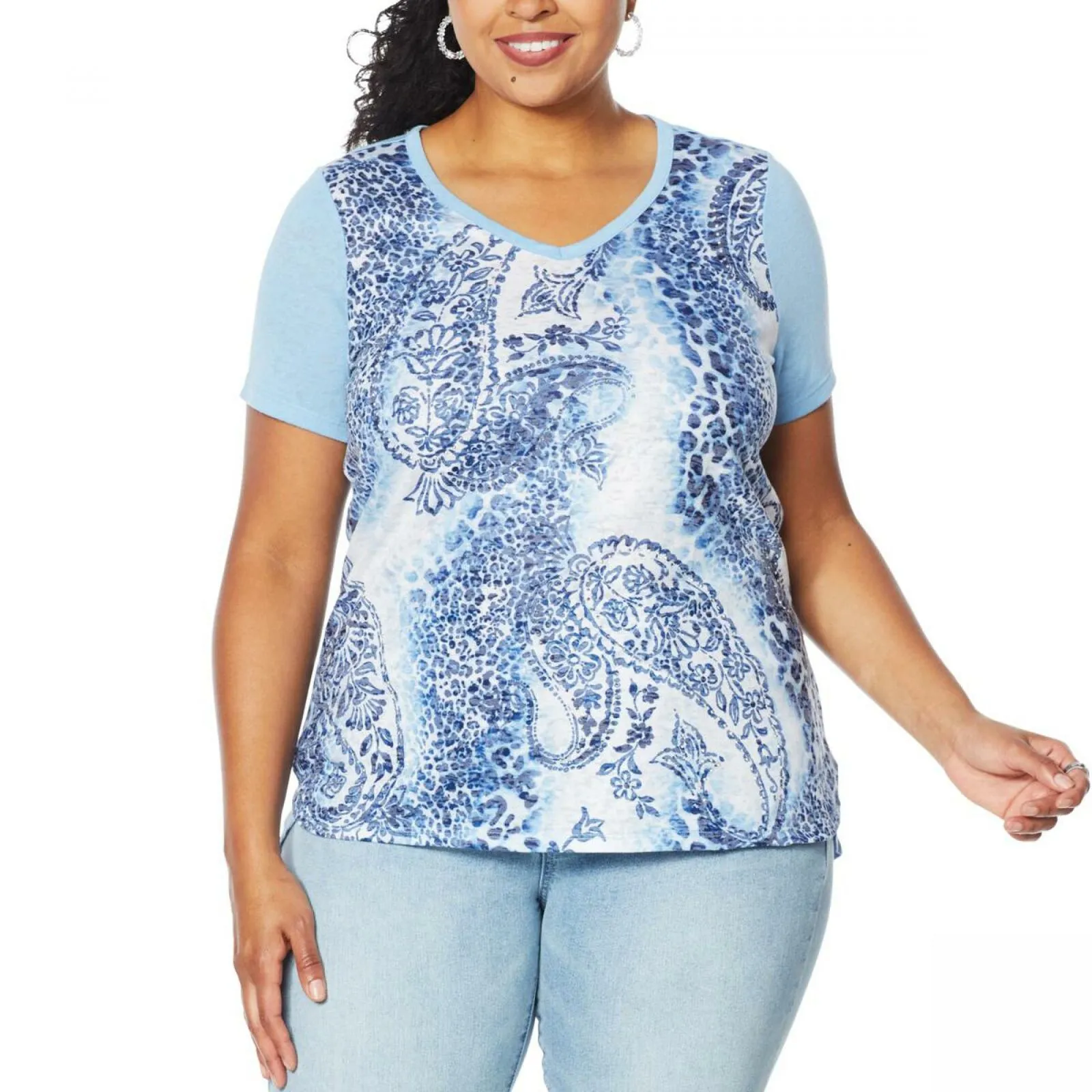 DG2 by Diane Gilman Women's Plus Size Burnout Printed And Embellished Top