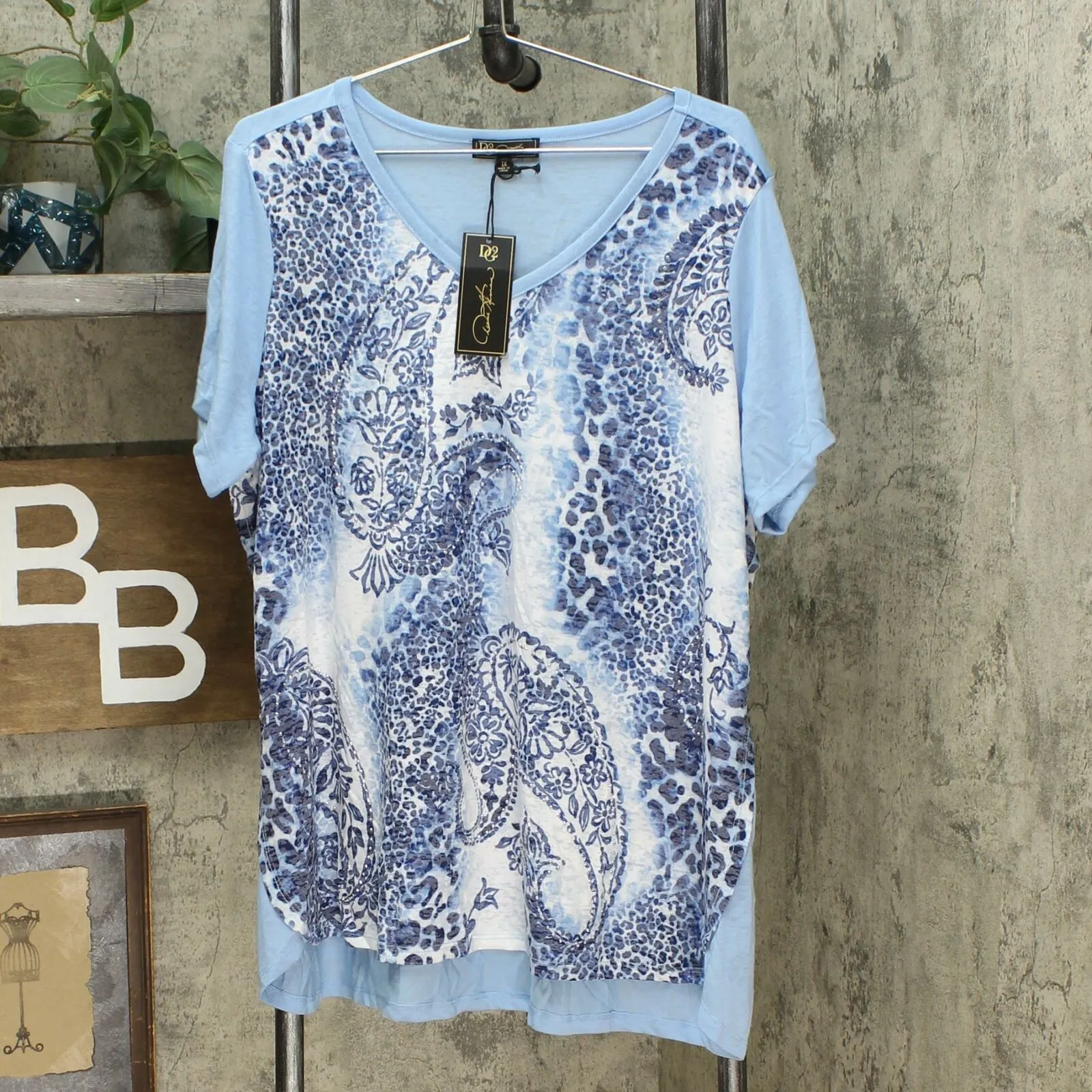 DG2 by Diane Gilman Women's Plus Size Burnout Printed And Embellished Top