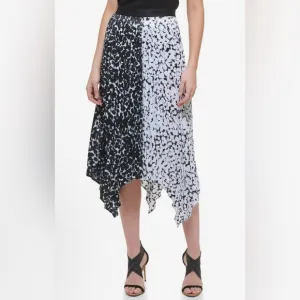 DKNY Pull-On Asymmetrical Printed Black &amp; White Color-Block Skirt Size Large NWT