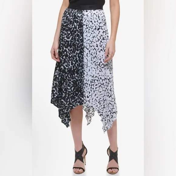 DKNY Pull-On Asymmetrical Printed Black &amp; White Color-Block Skirt Size Large NWT