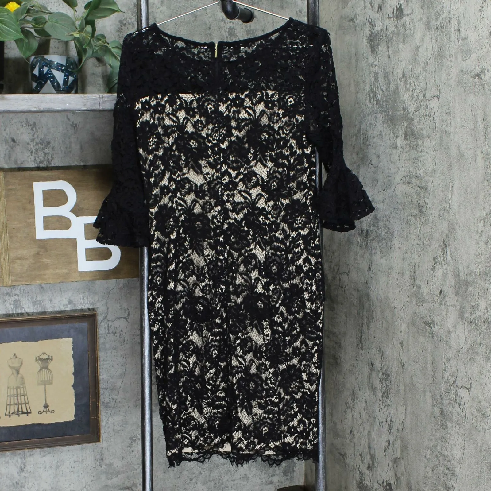 DKNY Women's Lace Bell Sleeve Sheath Dress Black 8