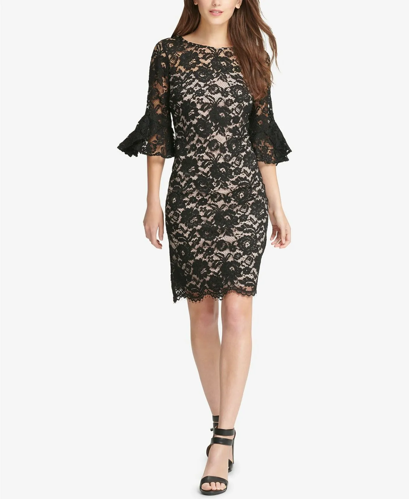 DKNY Women's Lace Bell Sleeve Sheath Dress Black 8