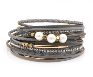 Double Wrap Pearl Sparkly Gray Leather Bracelet