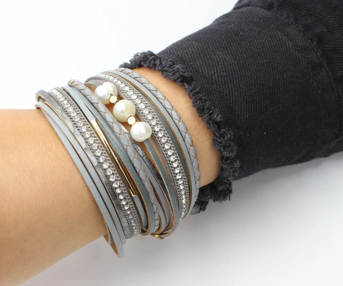 Double Wrap Pearl Sparkly Gray Leather Bracelet