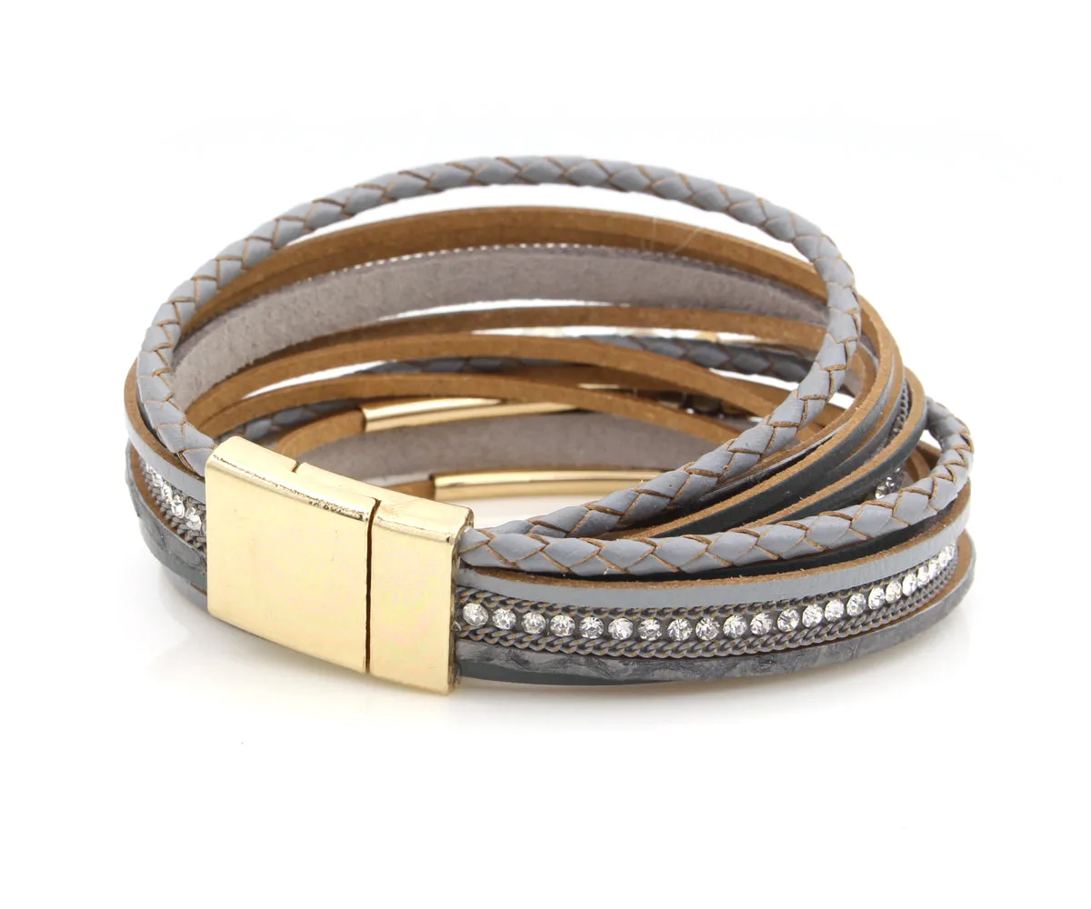 Double Wrap Pearl Sparkly Gray Leather Bracelet