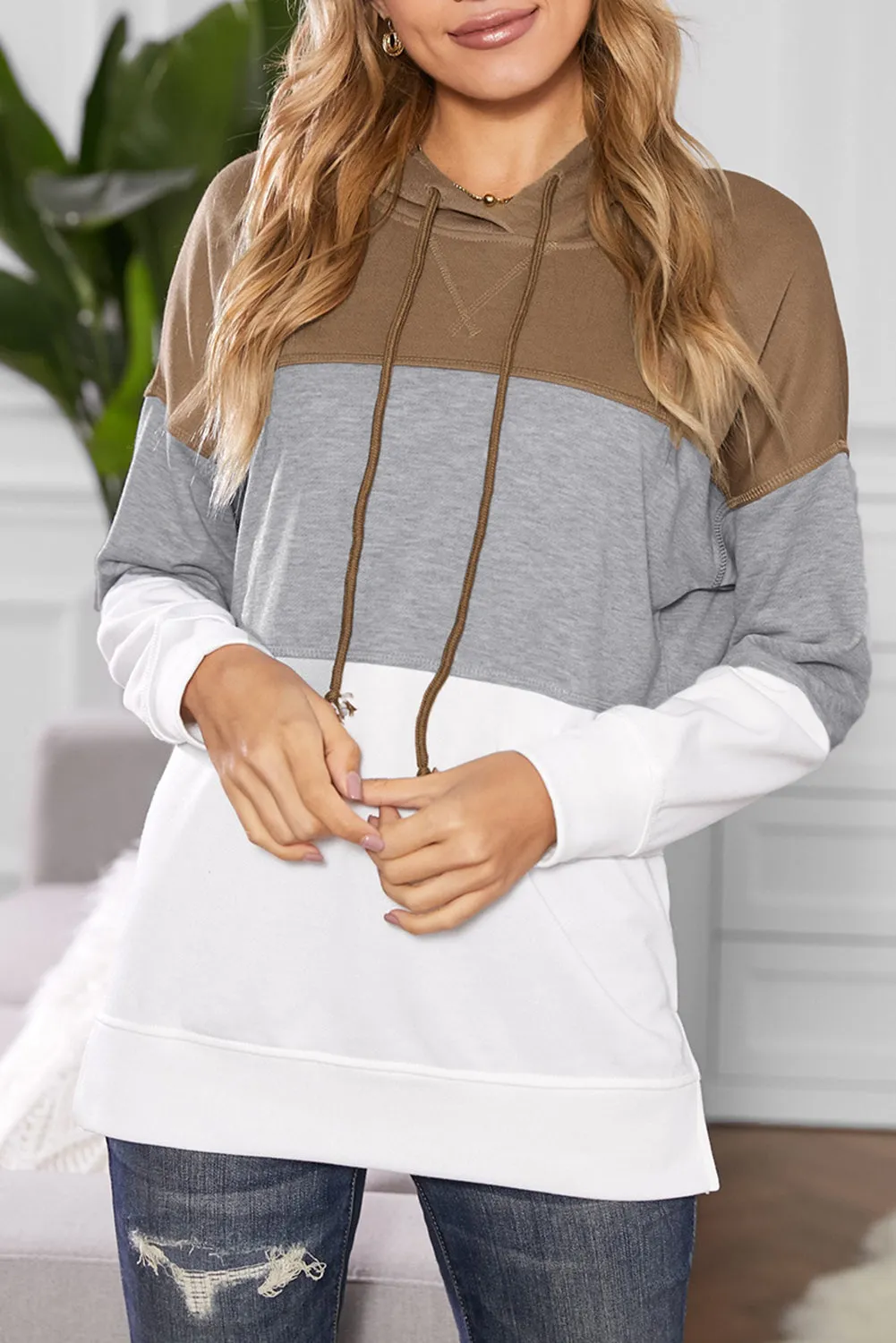 Drawstring Color Block Stripe Casual Hoodie