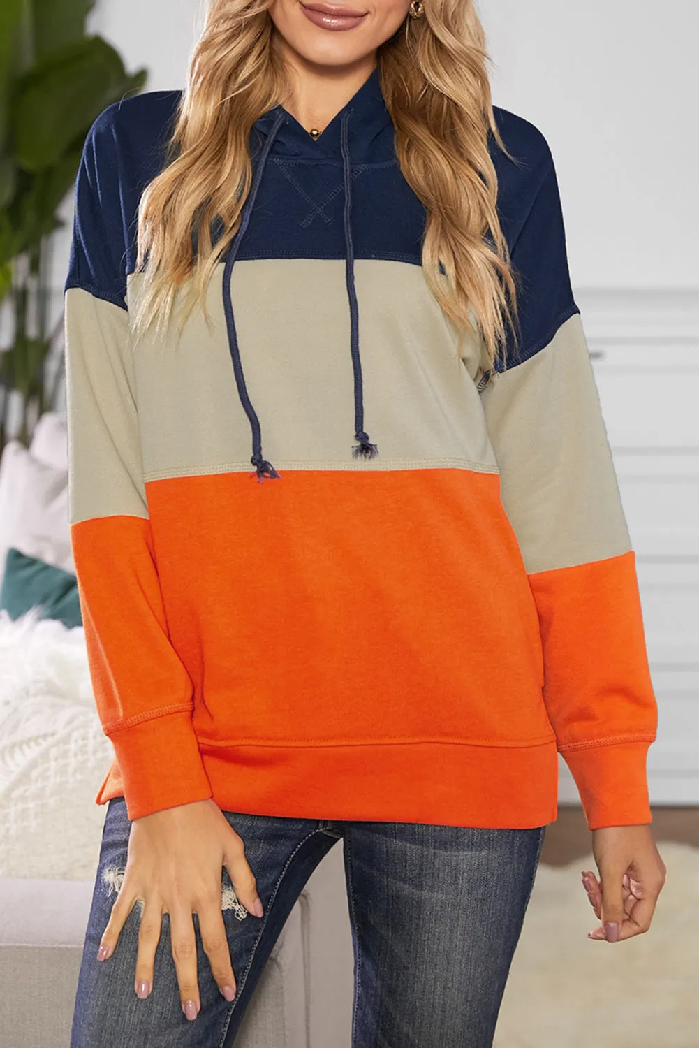 Drawstring Color Block Stripe Casual Hoodie