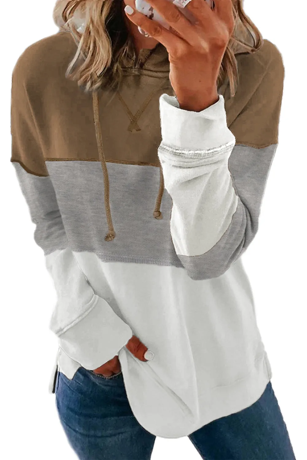 Drawstring Color Block Stripe Casual Hoodie