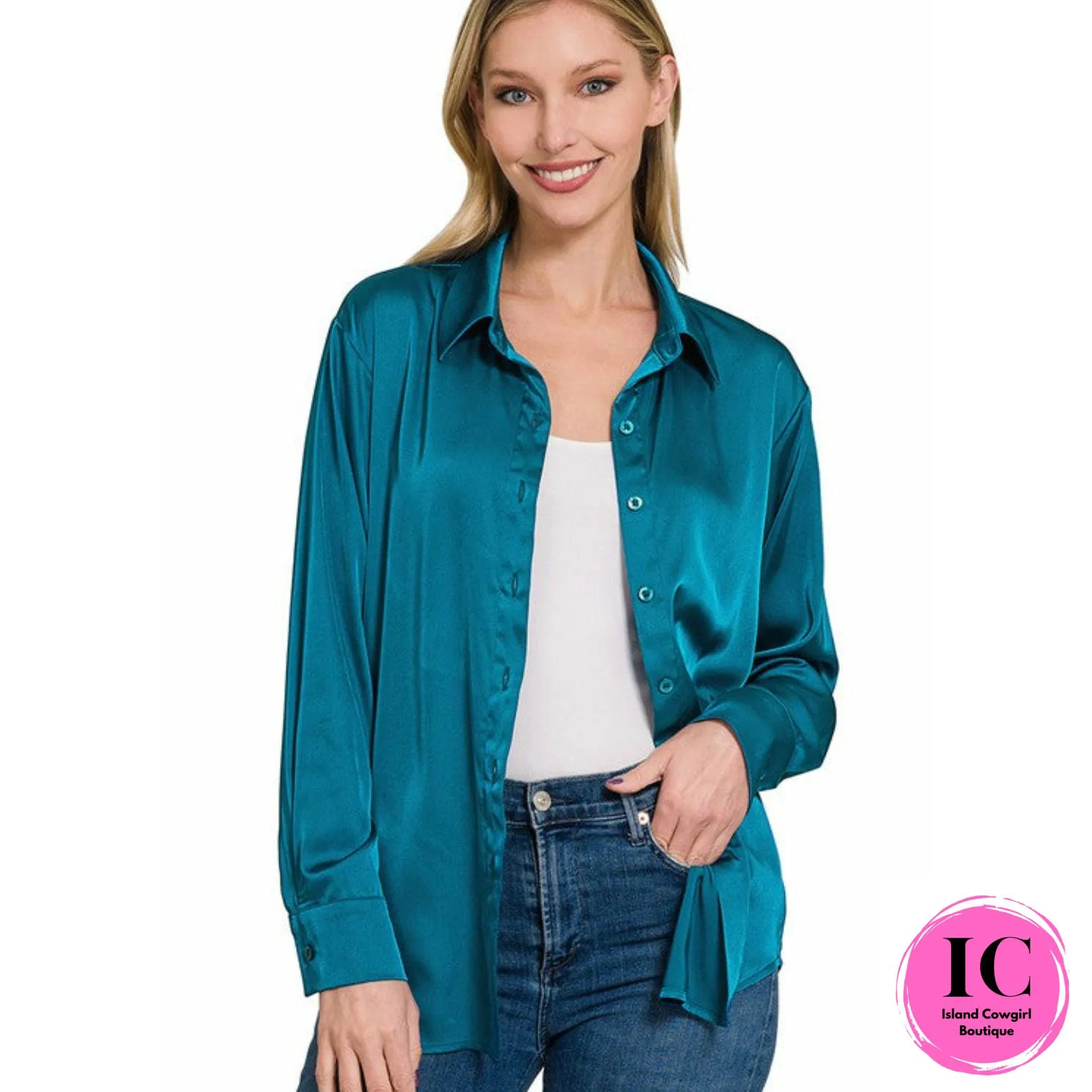 Dream On Teal Satin Blouse