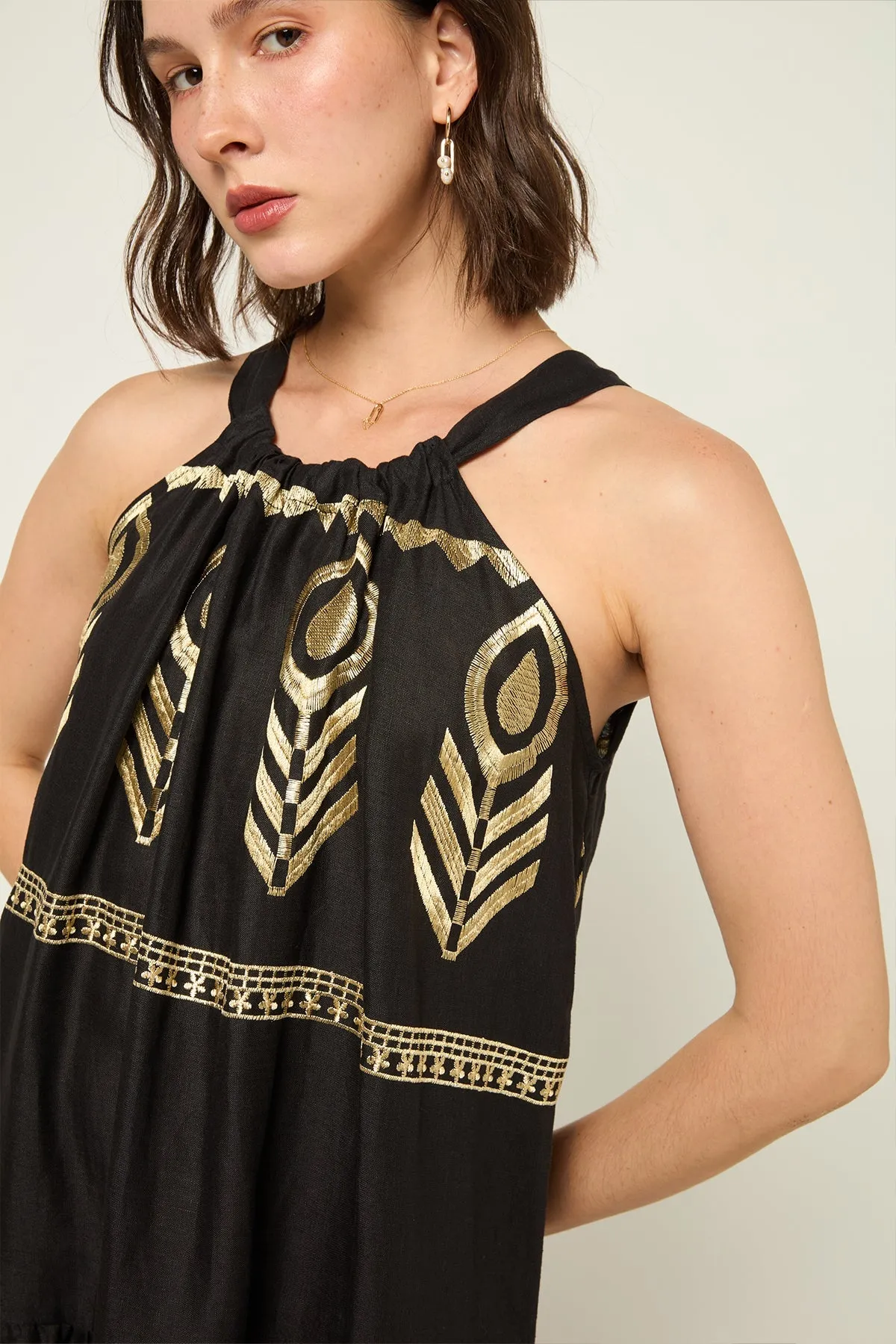 DRESS LONG FEATHER HALTER NECK - BLACK GOLD