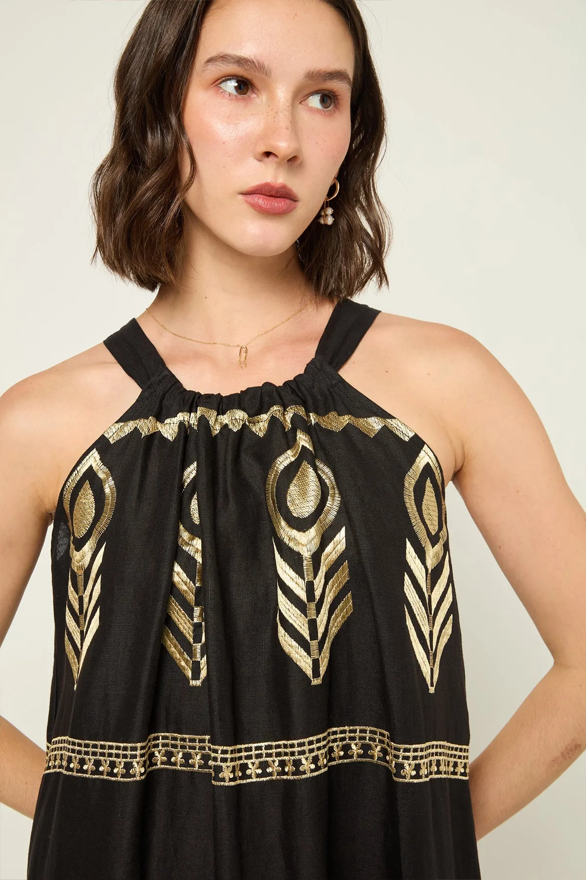 DRESS LONG FEATHER HALTER NECK - BLACK GOLD
