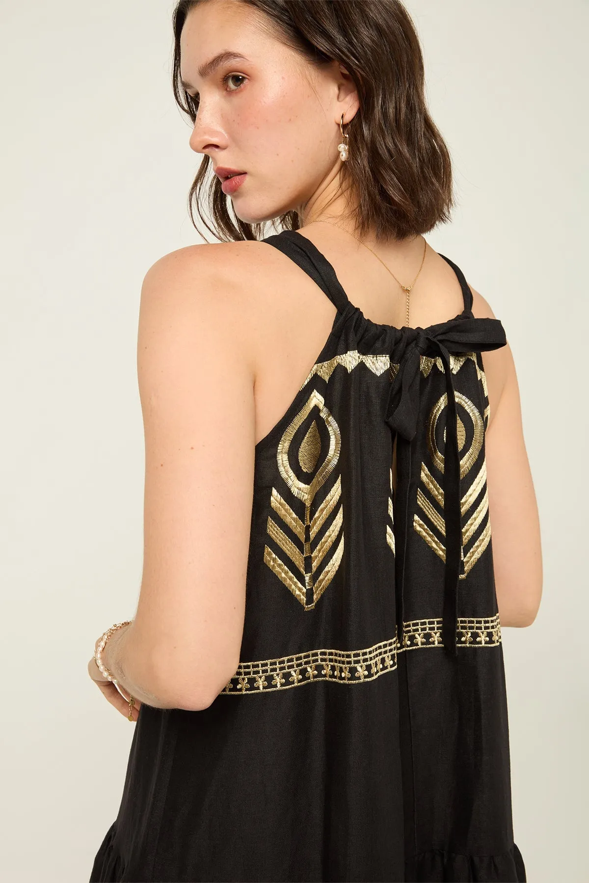 DRESS LONG FEATHER HALTER NECK - BLACK GOLD