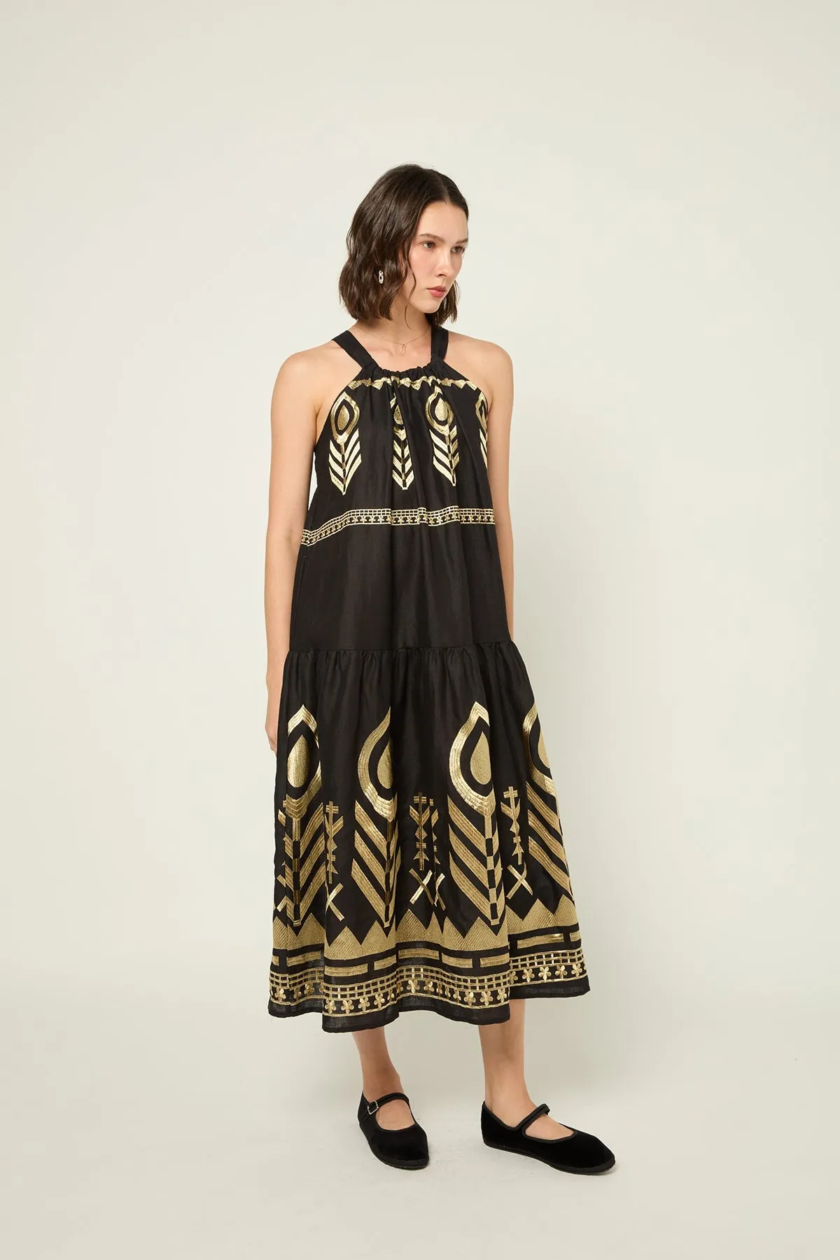 DRESS LONG FEATHER HALTER NECK - BLACK GOLD
