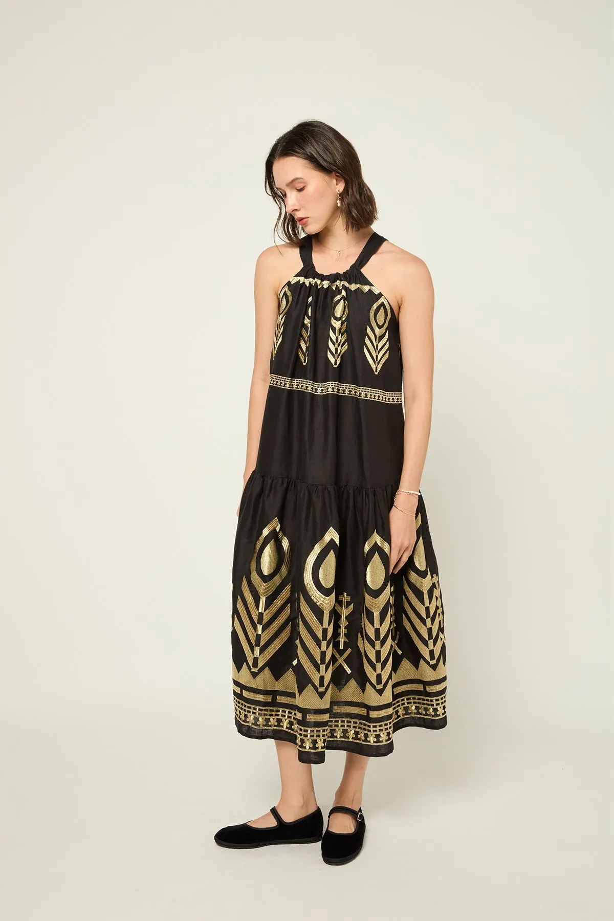 DRESS LONG FEATHER HALTER NECK - BLACK GOLD
