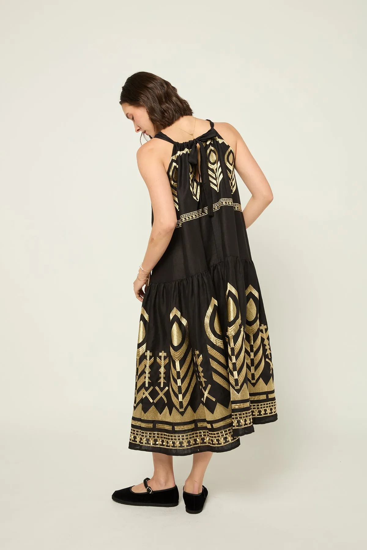 DRESS LONG FEATHER HALTER NECK - BLACK GOLD