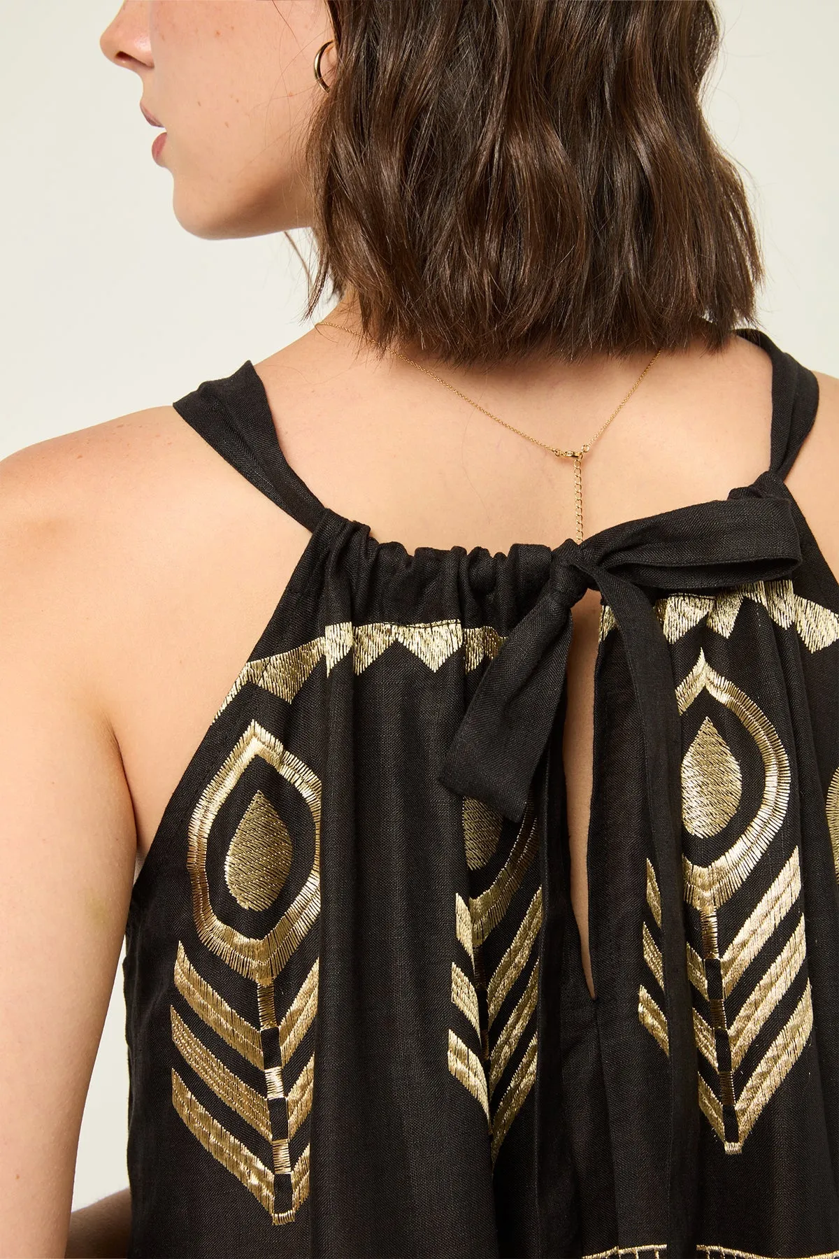 DRESS LONG FEATHER HALTER NECK - BLACK GOLD