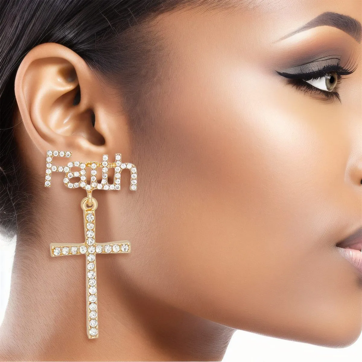 Drop Gold Faith and Cross Earrings