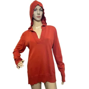 Eddie Bauer Womens Orange Cotton Hooded V-Neck Sweater‎ - Size Medium Cozy Chic