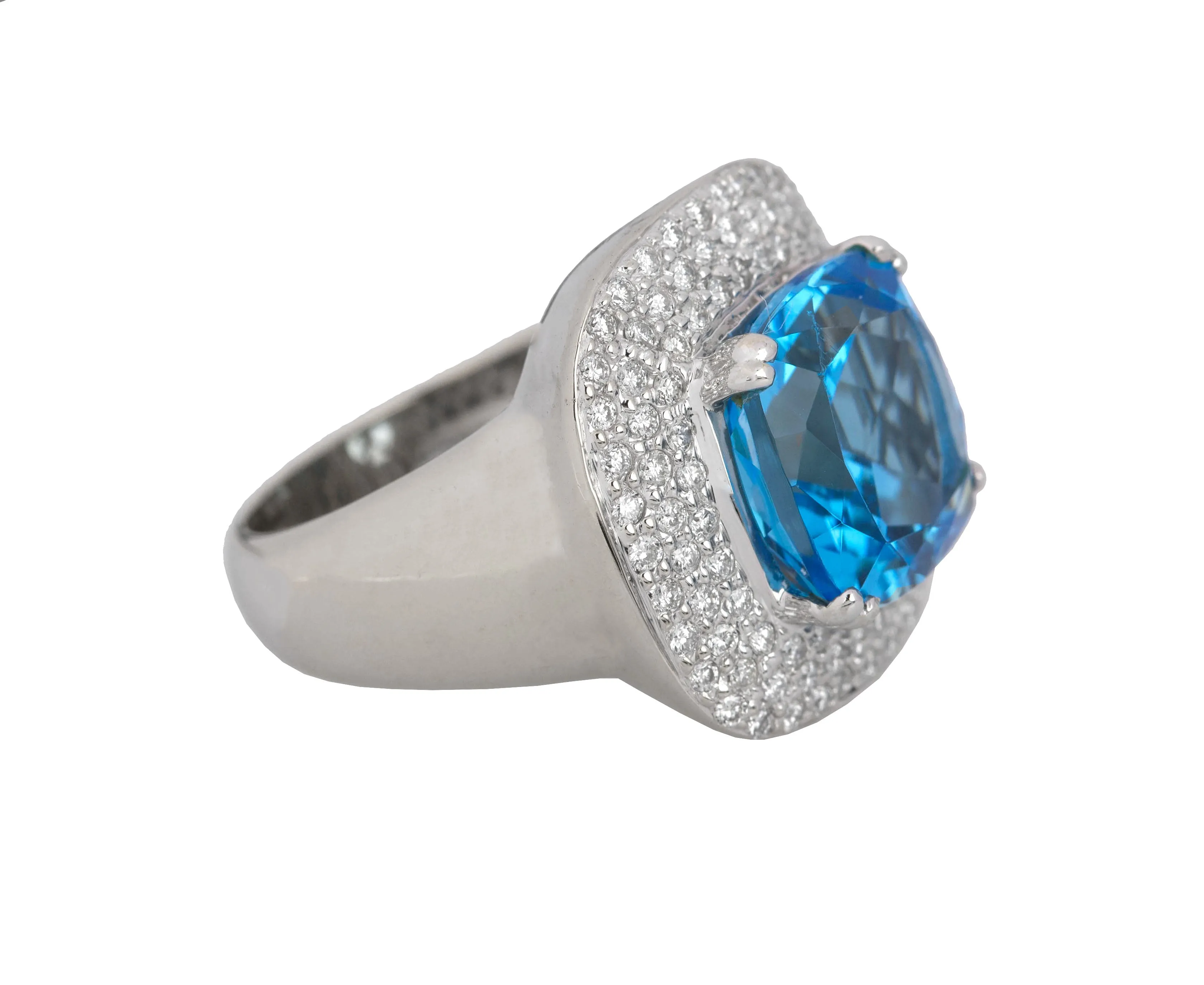 Elegant 18K White Gold 10.04ctw Blue Topaz Cushion Cut Diamond Cocktail Ring