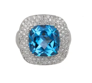 Elegant 18K White Gold 10.04ctw Blue Topaz Cushion Cut Diamond Cocktail Ring