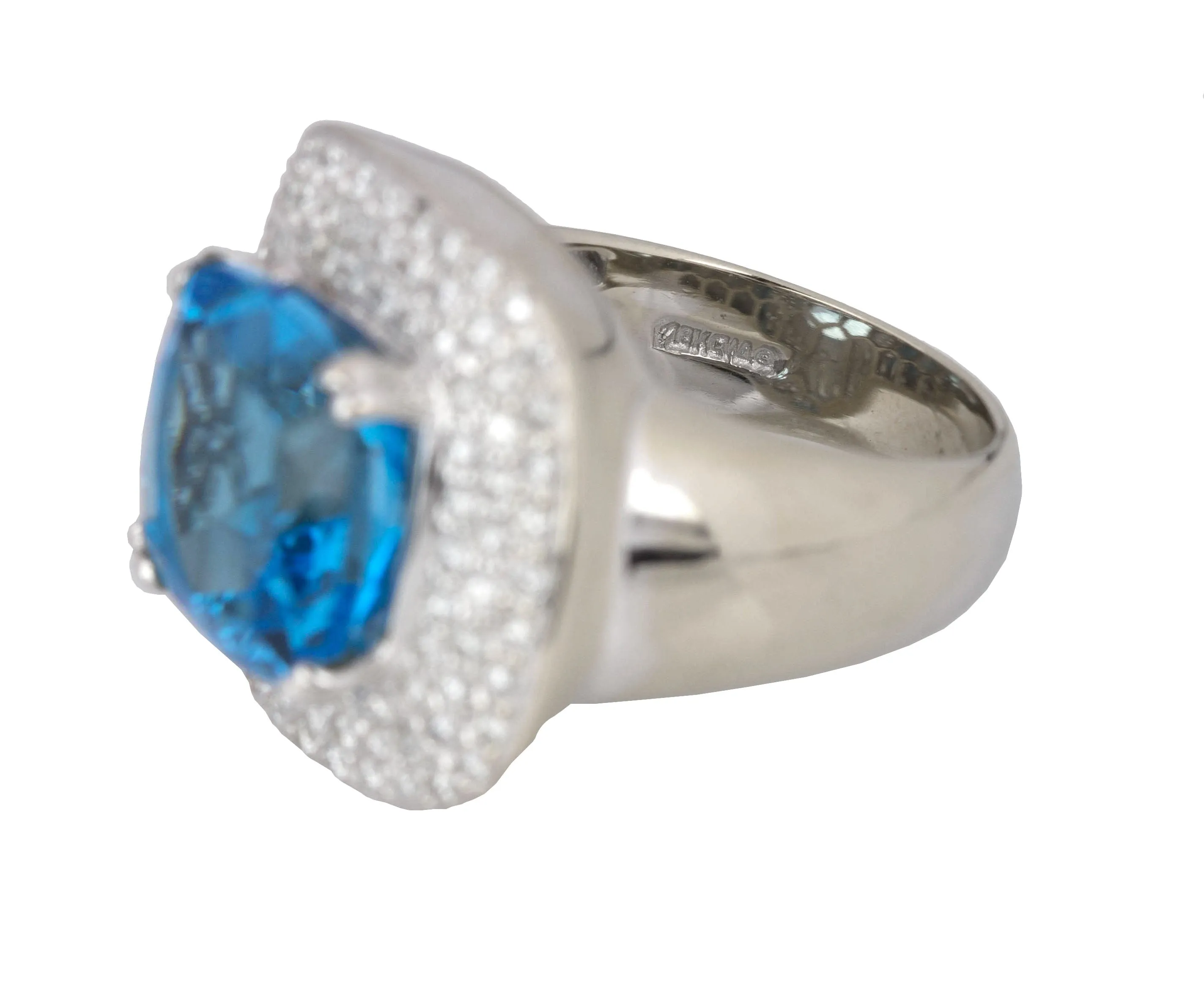 Elegant 18K White Gold 10.04ctw Blue Topaz Cushion Cut Diamond Cocktail Ring