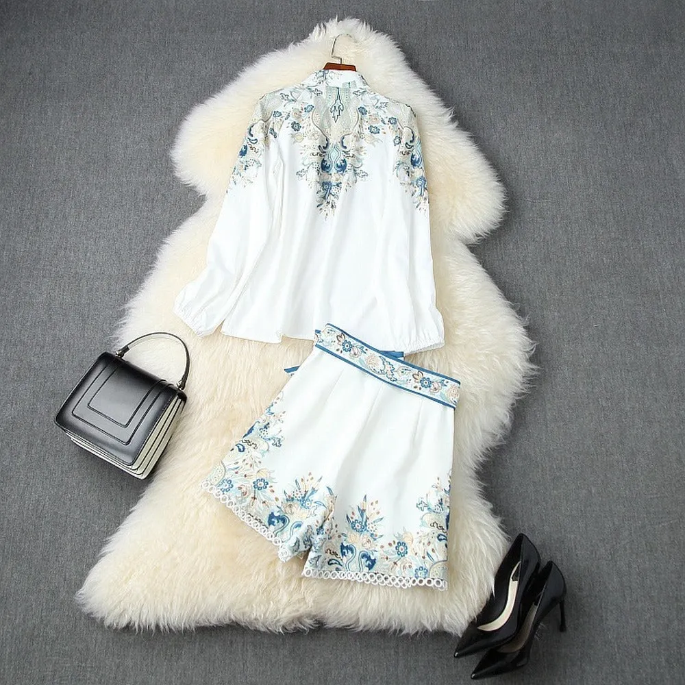 Elegant Floral Print Lantern Sleeve Shirt Belt Shorts Two-piece Set