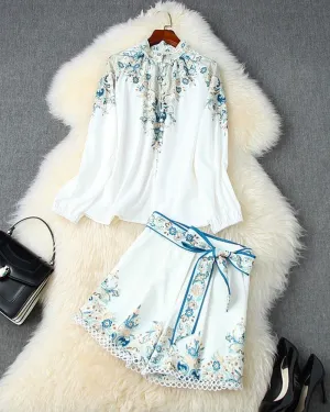 Elegant Floral Print Lantern Sleeve Shirt Belt Shorts Two-piece Set