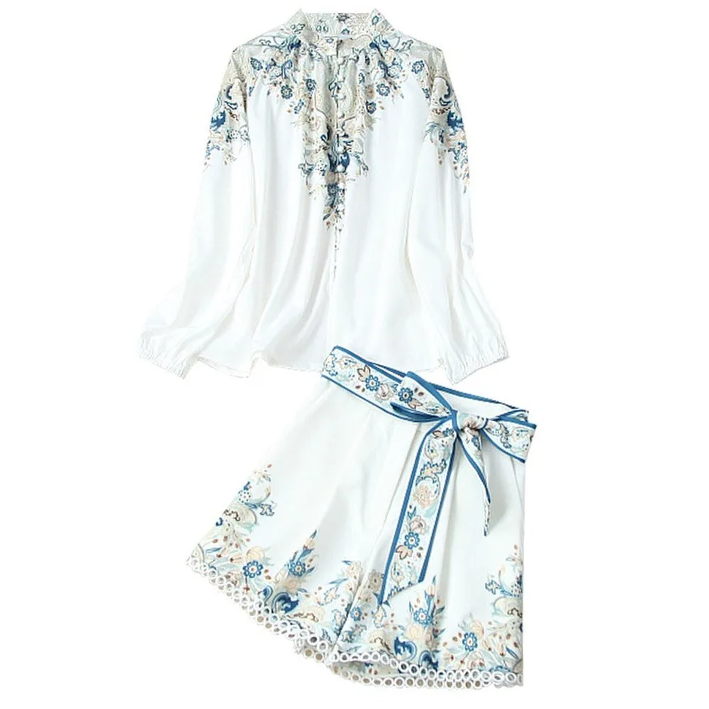 Elegant Floral Print Lantern Sleeve Shirt Belt Shorts Two-piece Set