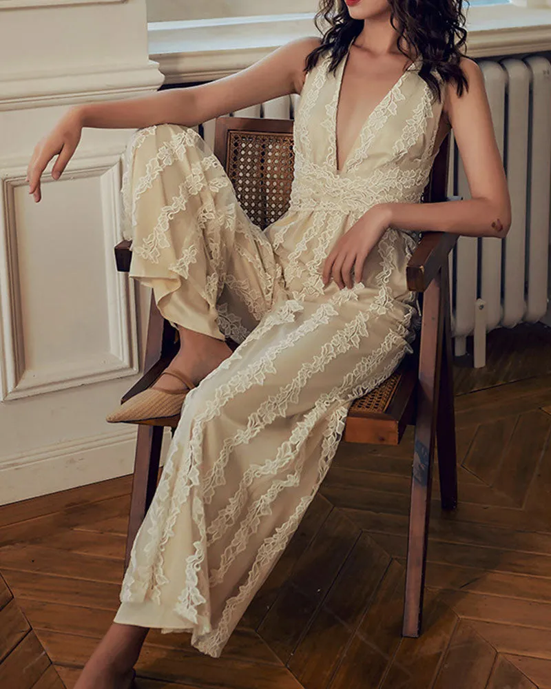 Elegant Lace V-neck  Cross Strap Backless Jumpsuit