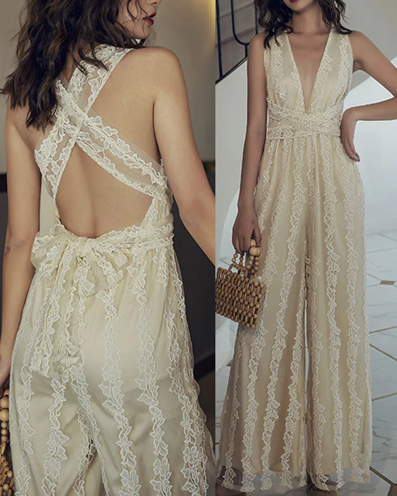 Elegant Lace V-neck  Cross Strap Backless Jumpsuit