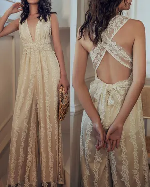 Elegant Lace V-neck  Cross Strap Backless Jumpsuit