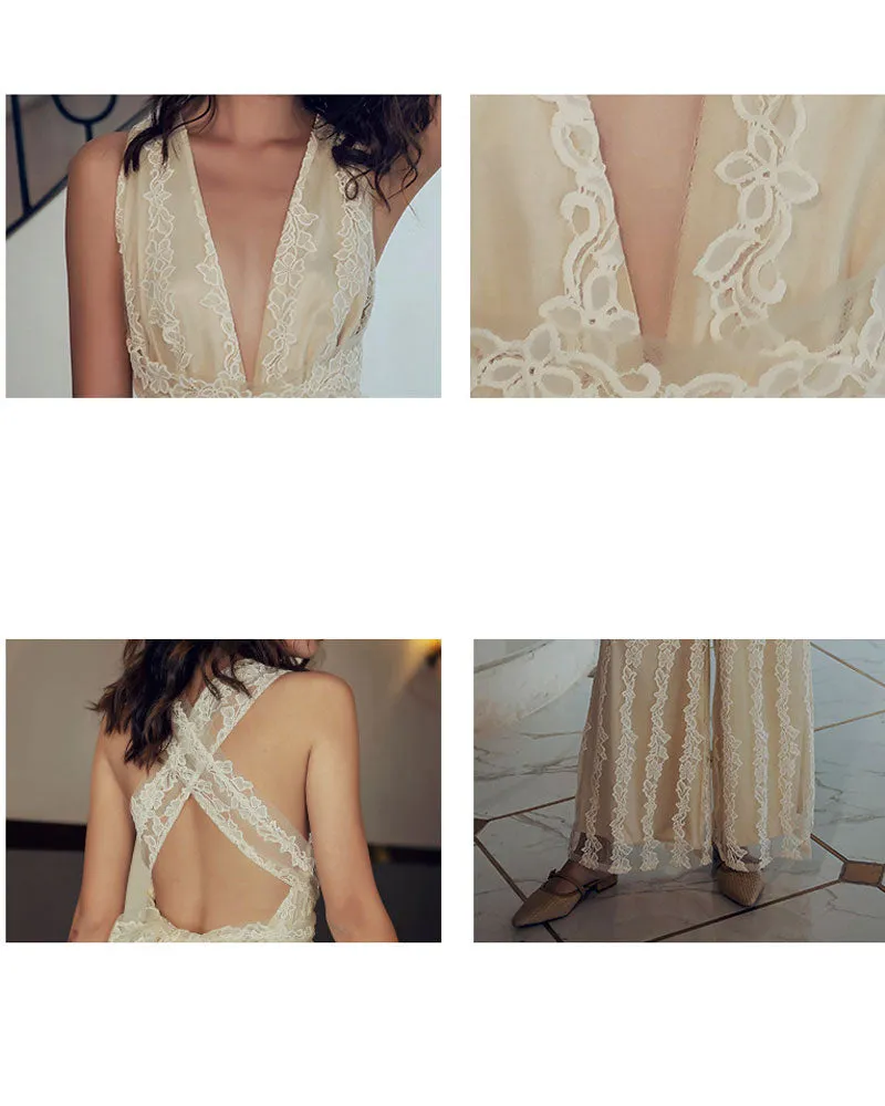 Elegant Lace V-neck  Cross Strap Backless Jumpsuit