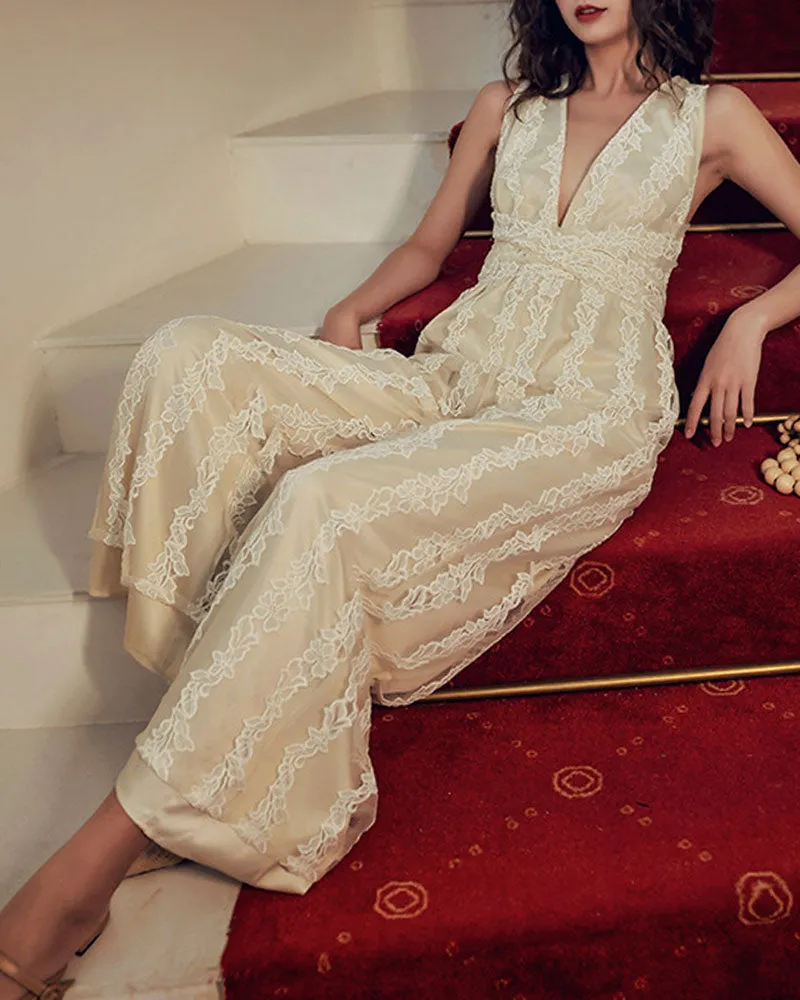 Elegant Lace V-neck  Cross Strap Backless Jumpsuit