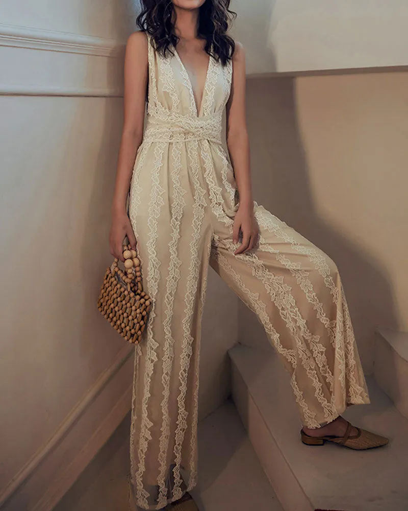Elegant Lace V-neck  Cross Strap Backless Jumpsuit