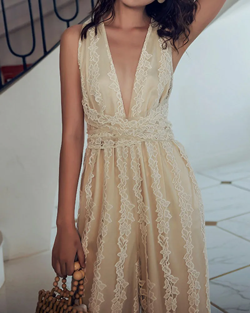 Elegant Lace V-neck  Cross Strap Backless Jumpsuit
