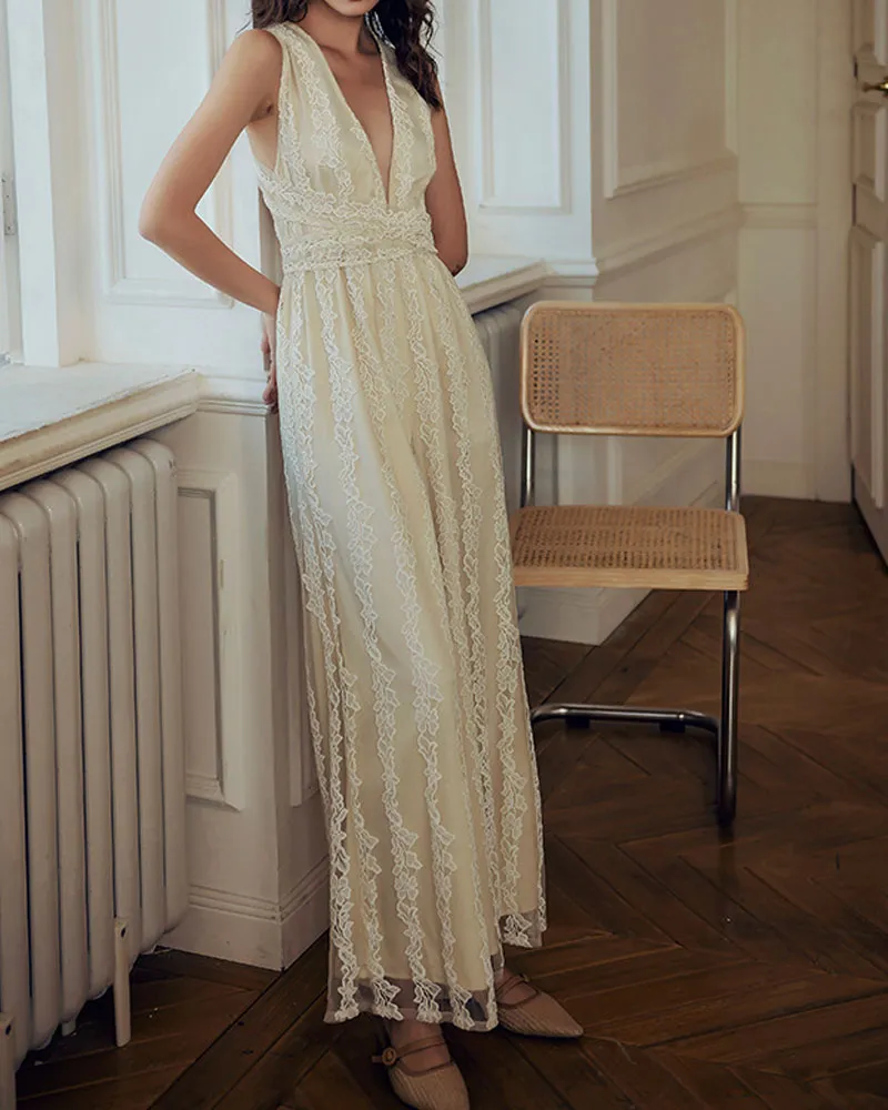 Elegant Lace V-neck  Cross Strap Backless Jumpsuit