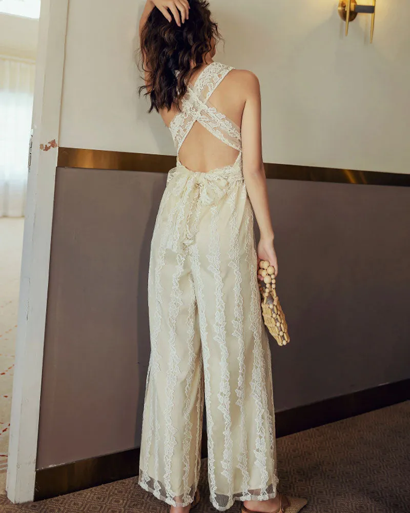 Elegant Lace V-neck  Cross Strap Backless Jumpsuit